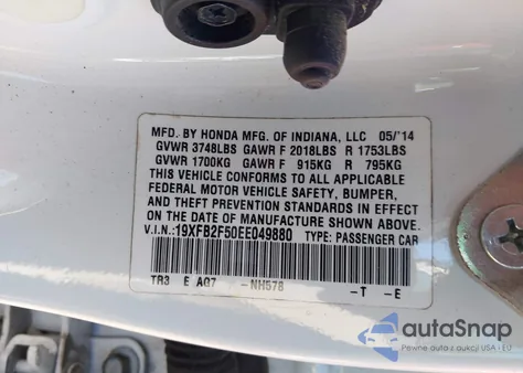 2014 Honda Civic Lx из США, поврежденный, VIN 19XFB2F50EE049880